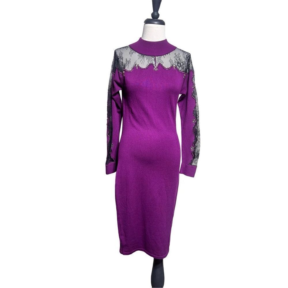 Venus Purple Lace Detail Sweater Dress Rhinestone Embellished Medium
